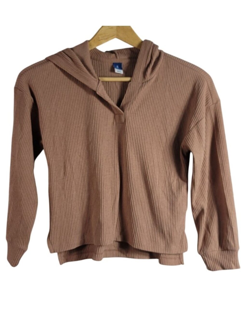 Old Navy Girls Hoodie Top Brown Medium Ribbed Long Sleeve V Neck Hi Lo Pullover